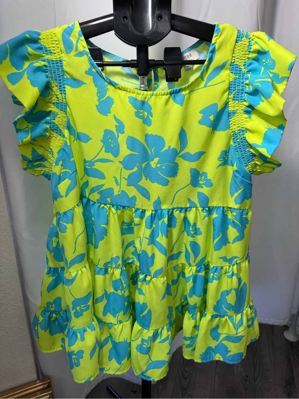 Umgee Neon Lime & Aqua Floral Tiered Blouse